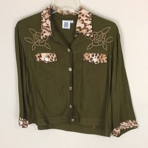 Usindo Olive Green Blazer with Animal Print Embroidery and Beaded Accent XL